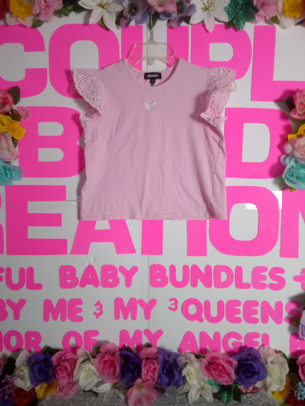DKNY Light Pink Eyelet Sleeve Tee with Bow